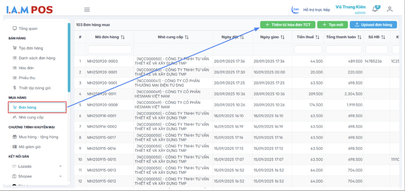 Màn hình thao tác thêm đơn hàng từ hóa đơn TCT
