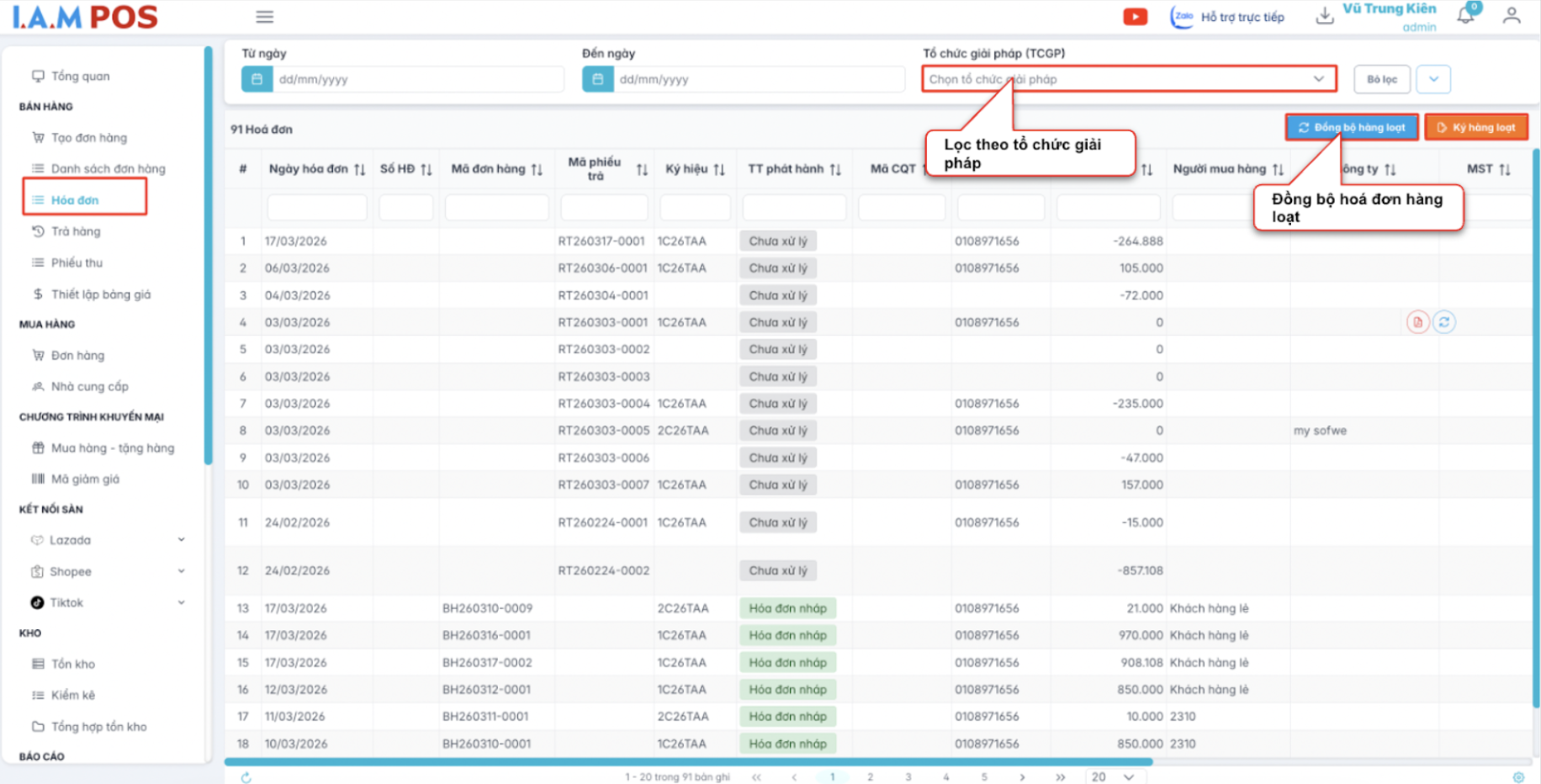 Màn hình danh sách hoá đơn