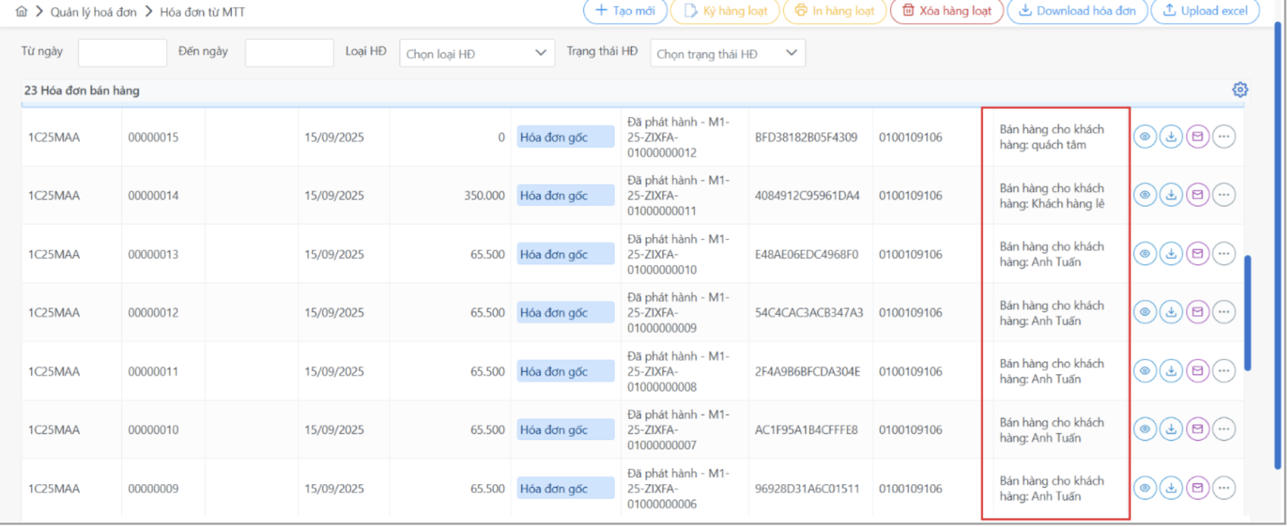 Màn hình danh sách hoá đơn từ MTT Home Casta