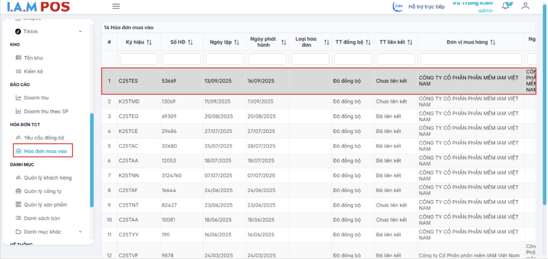 Màn hình hoá đơn mua vào