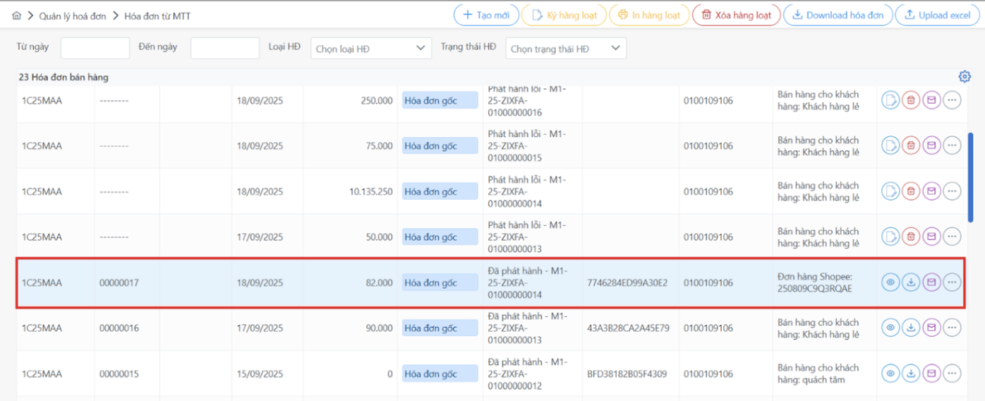 Màn hình danh sách hoá đơn MTT Home Casta