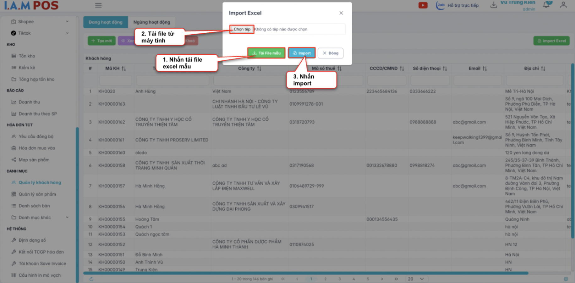 Màn hình import khách hàng từ excel