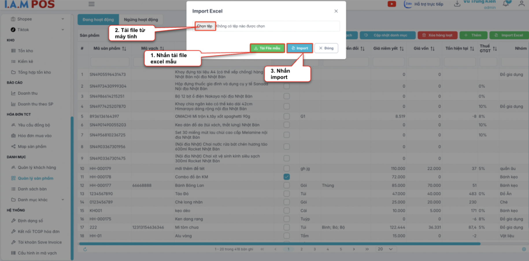 Màn hình import sản phẩm từ excel