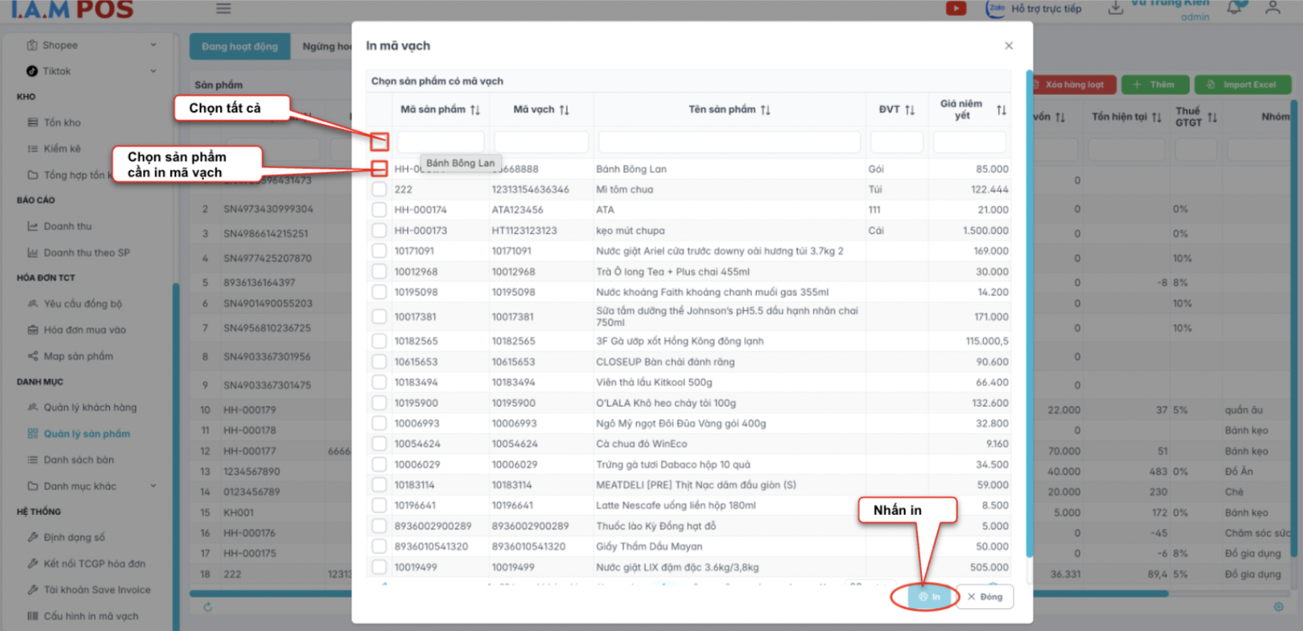 Màn hình chọn sản phẩm in mã vạch