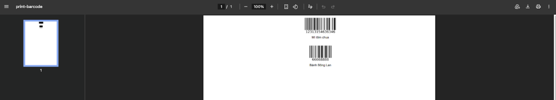 Màn hình in mã vạch thành công