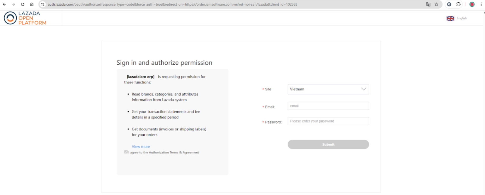 Màn hình thao tác kết nối sàn Lazada