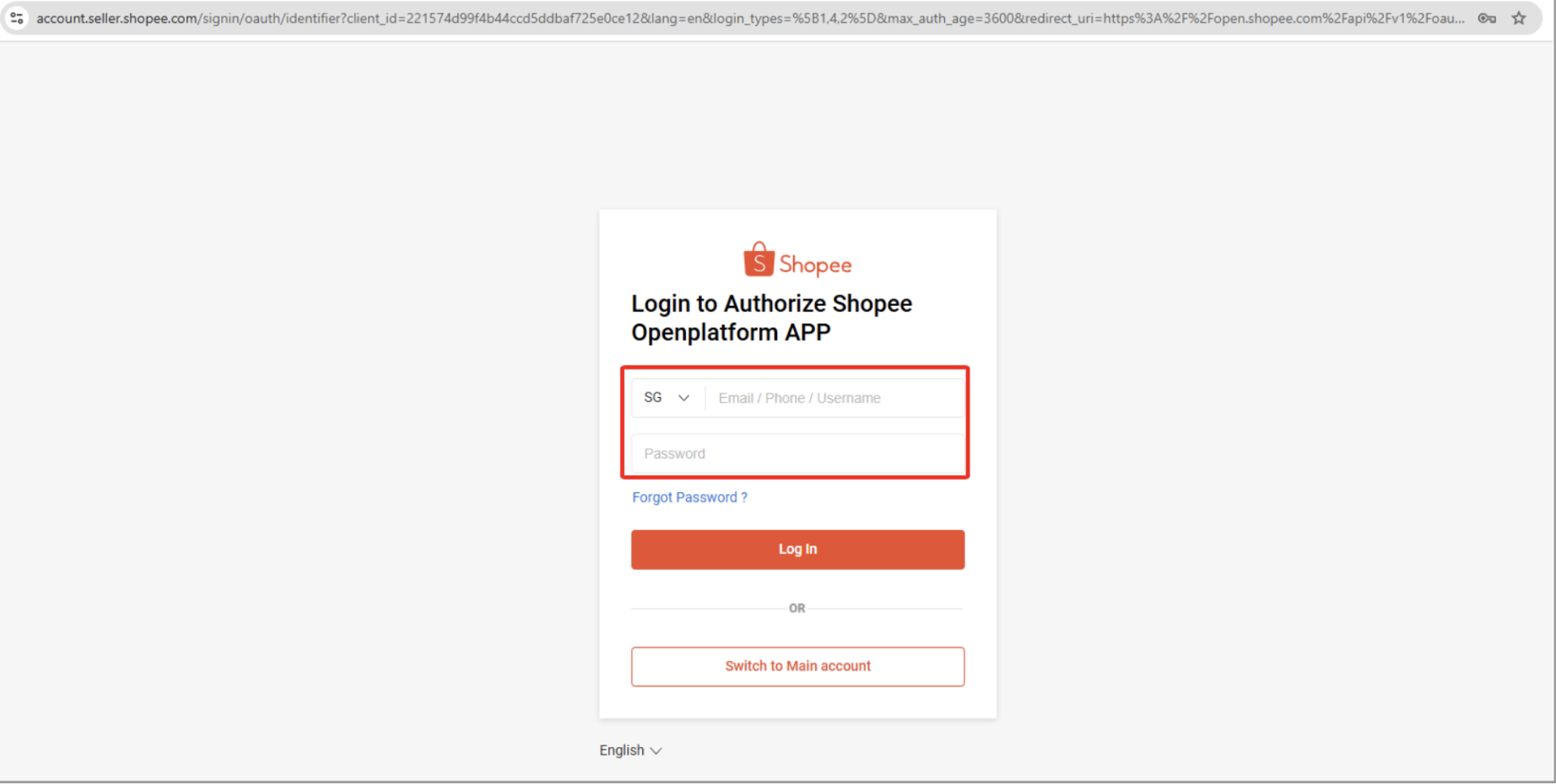 Màn hình thao tác kết nối sàn Shopee