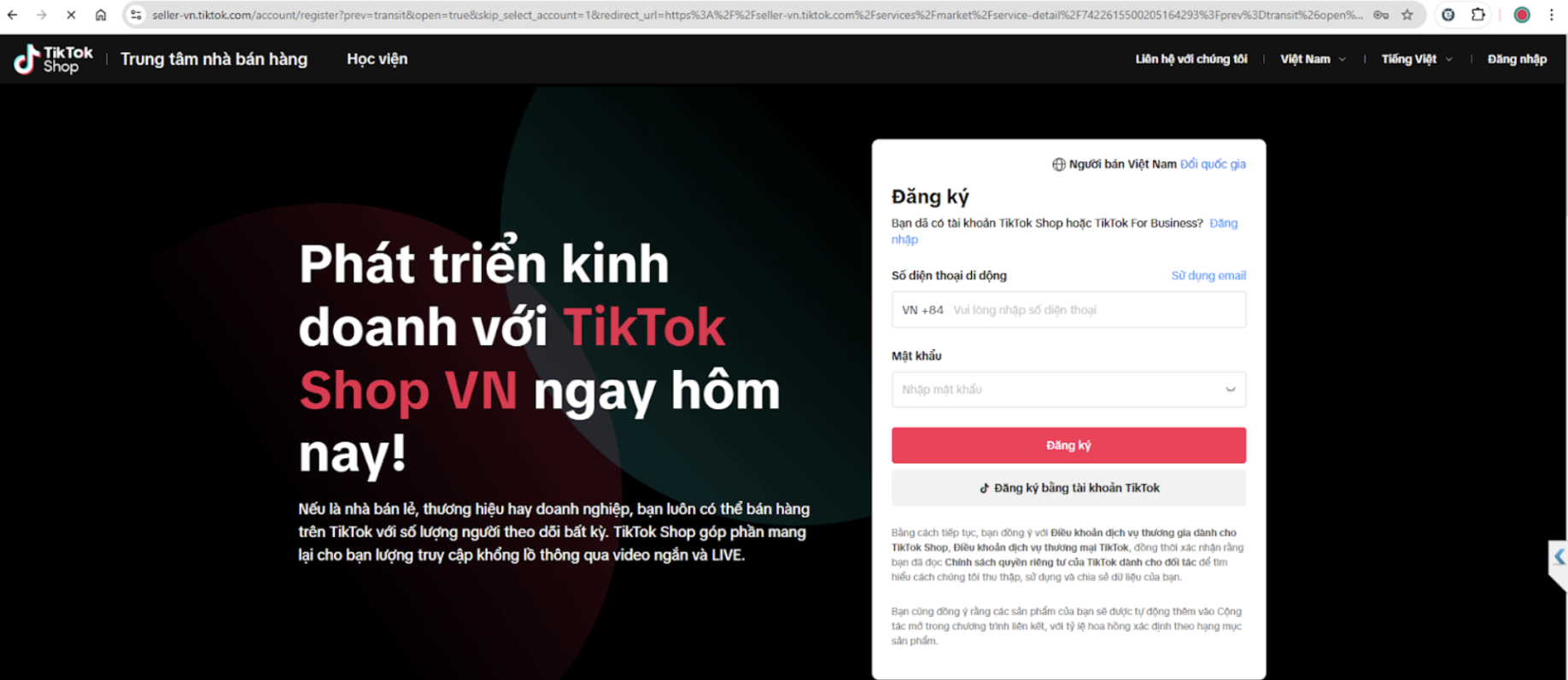 Màn hình thao tác kết nối sàn TikTok