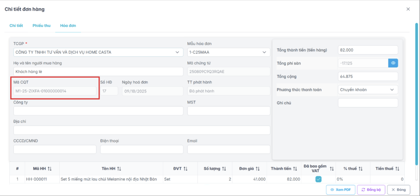 Màn hình kết quả ký hoá đơn