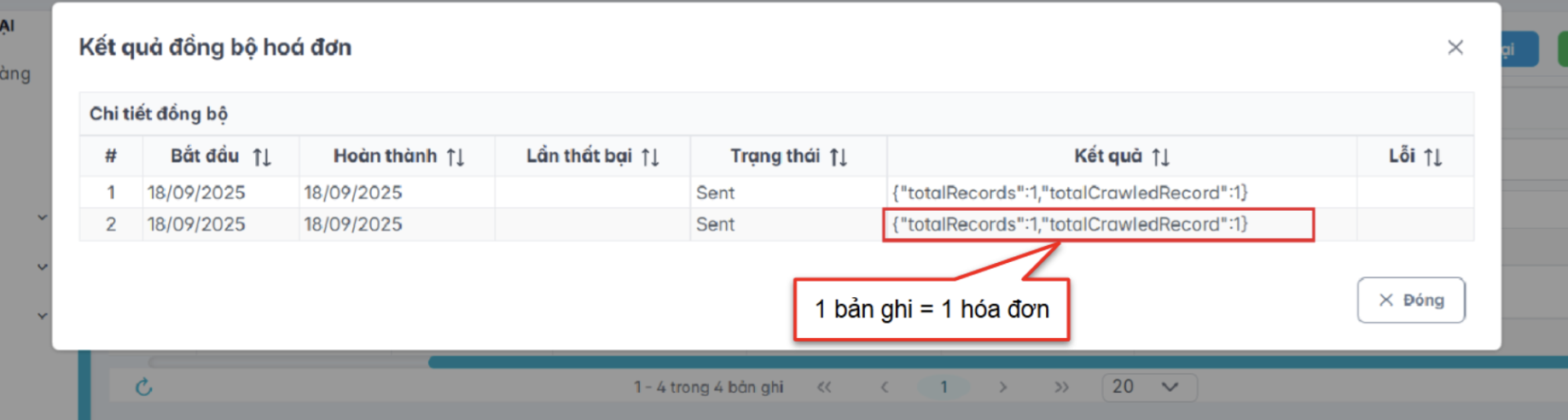 Màn hình kết quả đồng bộ
