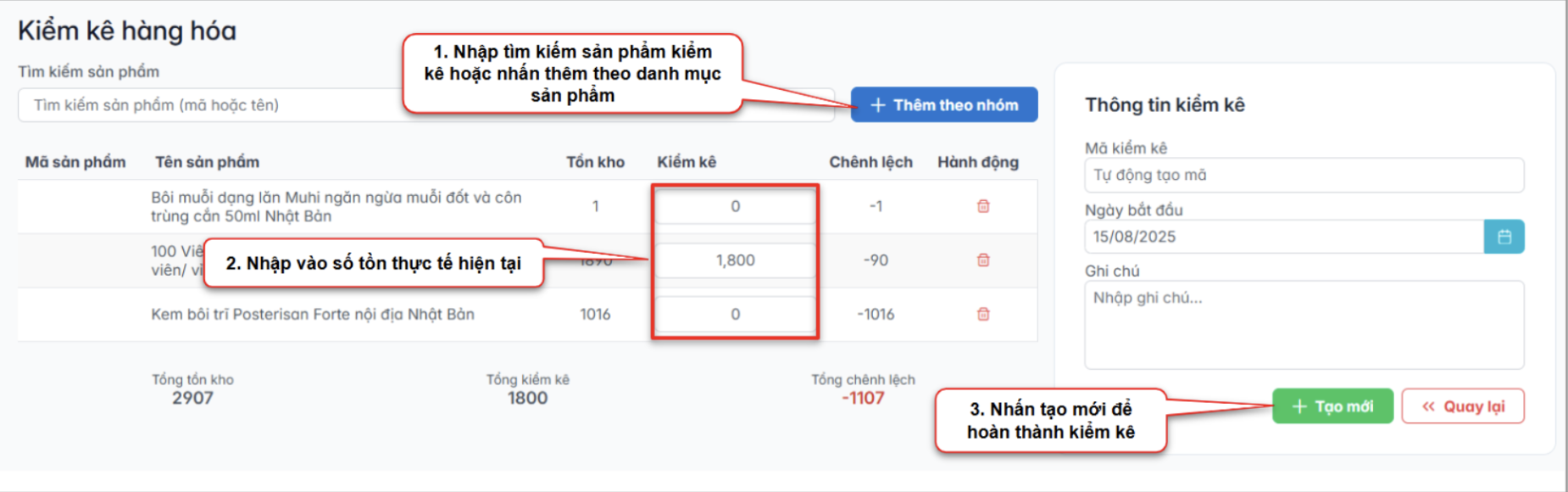 Màn hình kiểm kê hàng hóa