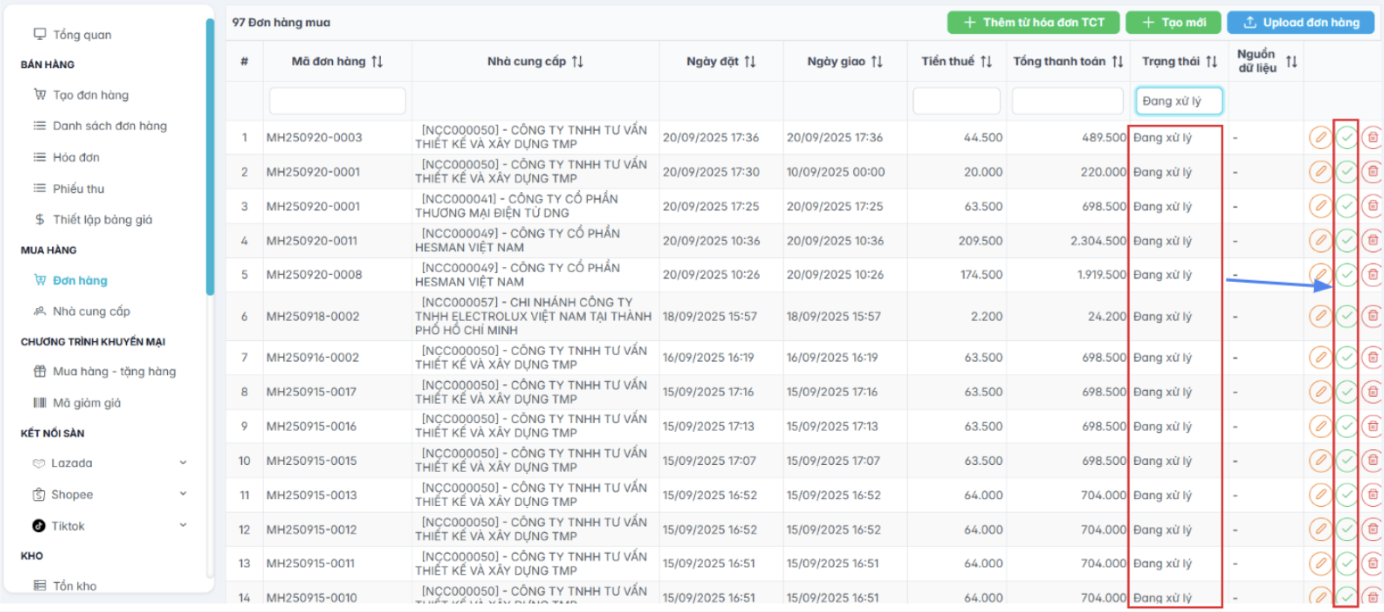 Màn hình kết quả sau khi tạo đơn hàng mua