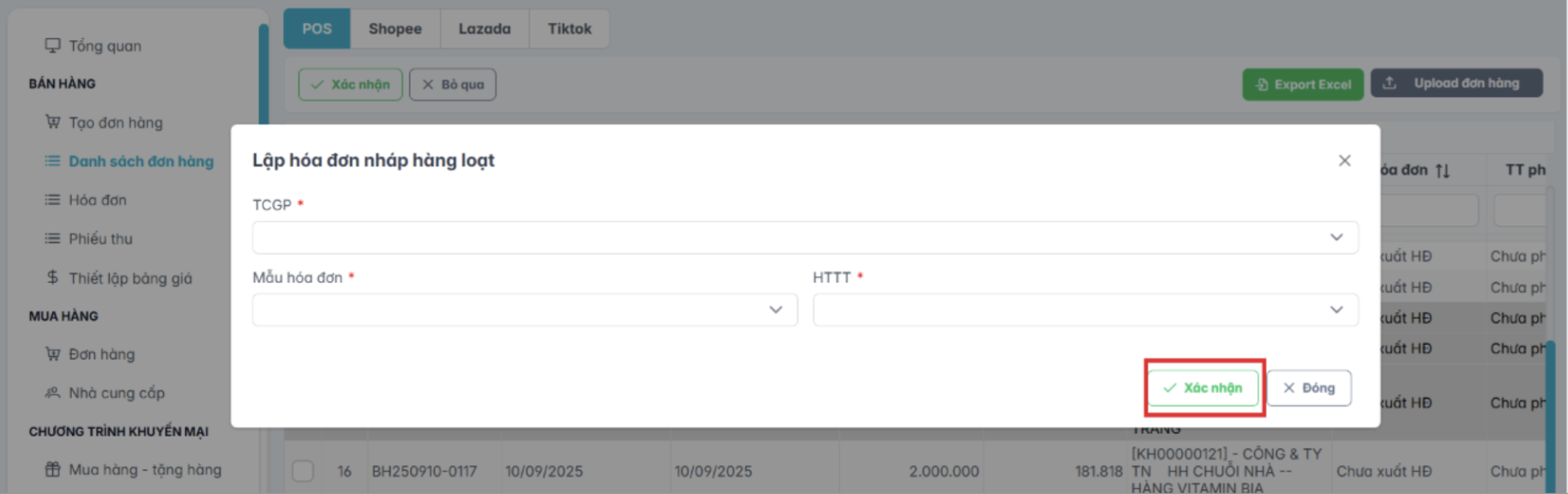 Màn hình thao tác lập hoá đơn nháp hàng loạt