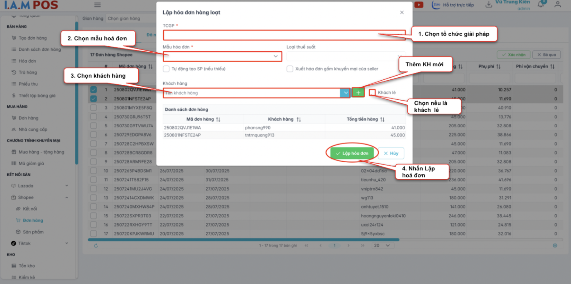 Màn hình thao tác lập hoá đơn hàng loạt