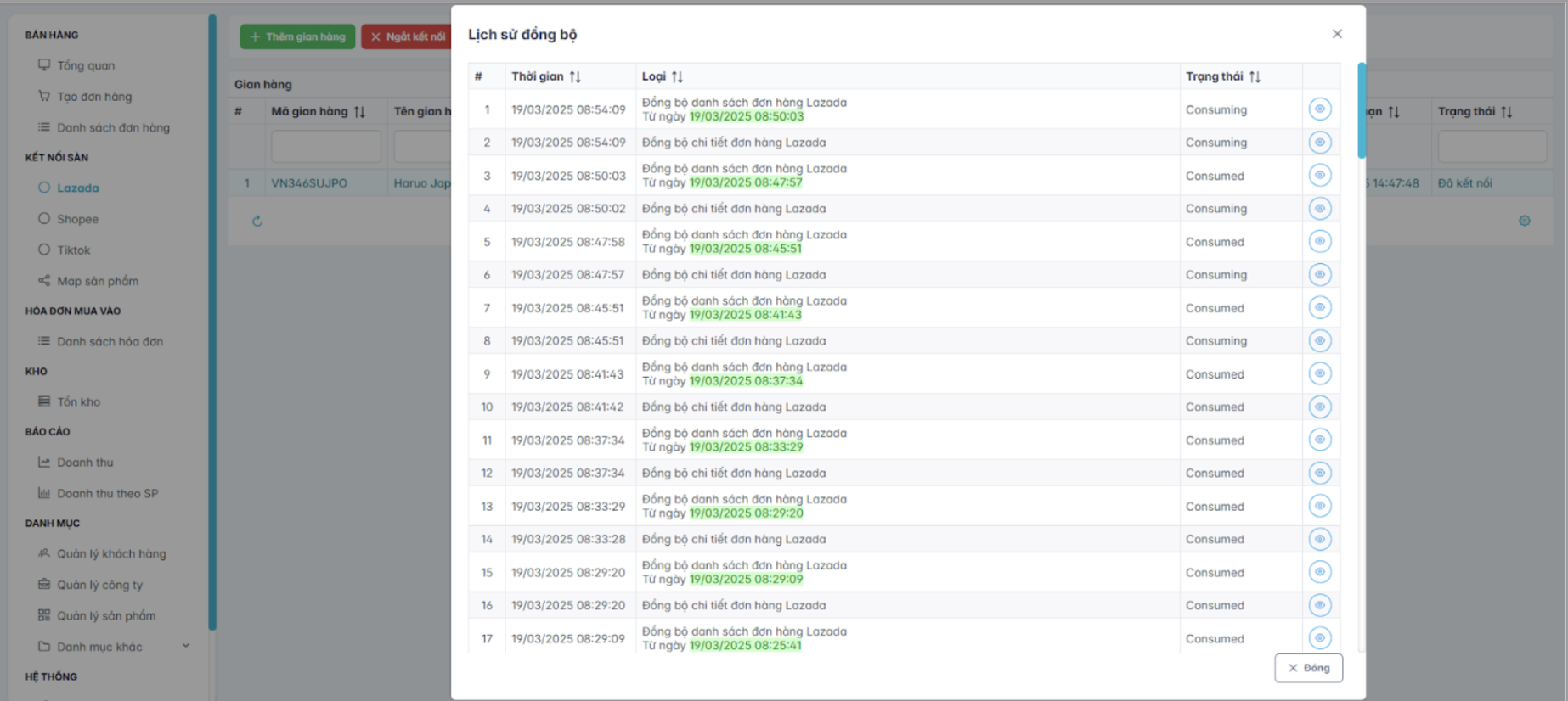 Màn hình lịch sử đồng bộ Lazada