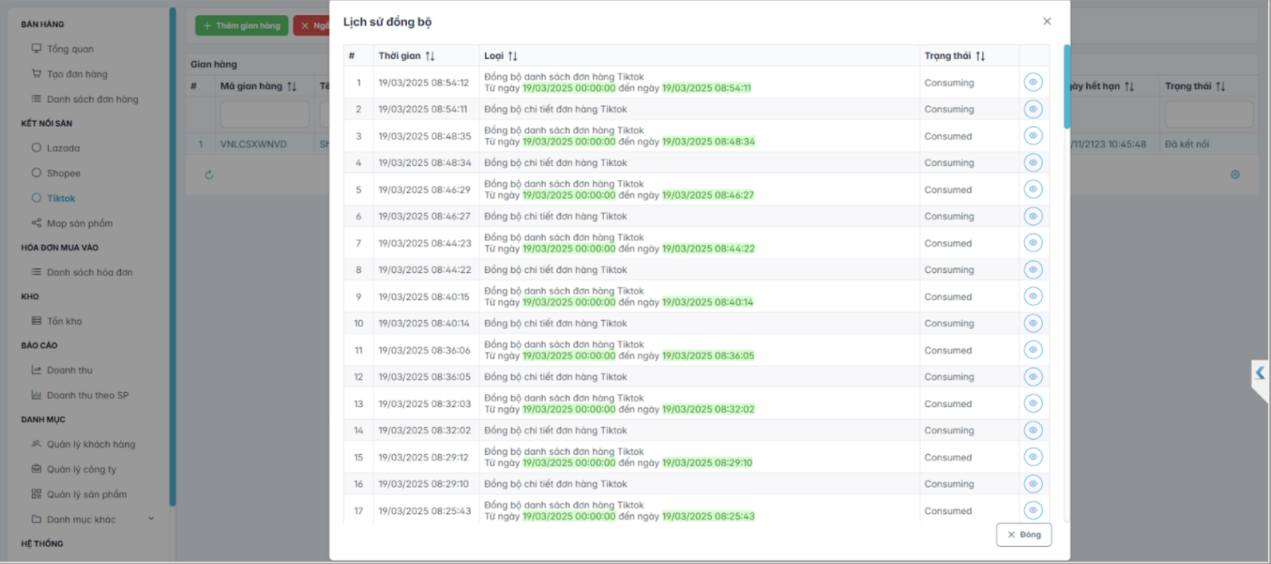 Màn hình lịch sử đồng bộ TikTok