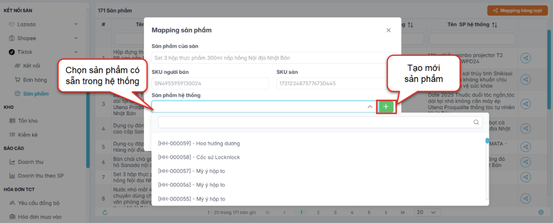 Màn hình mapping một sản phẩm chi tiết