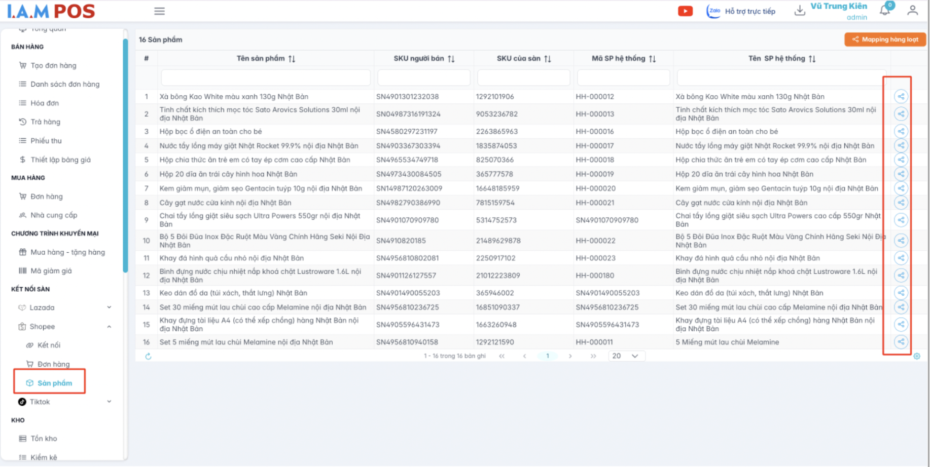Màn hình mapping một sản phẩm