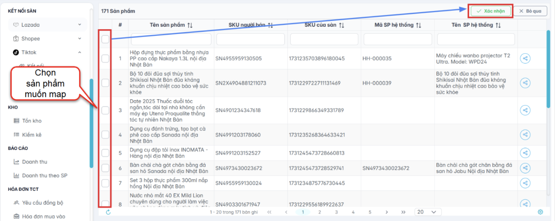 Màn hình mapping sản phẩm hàng loạt