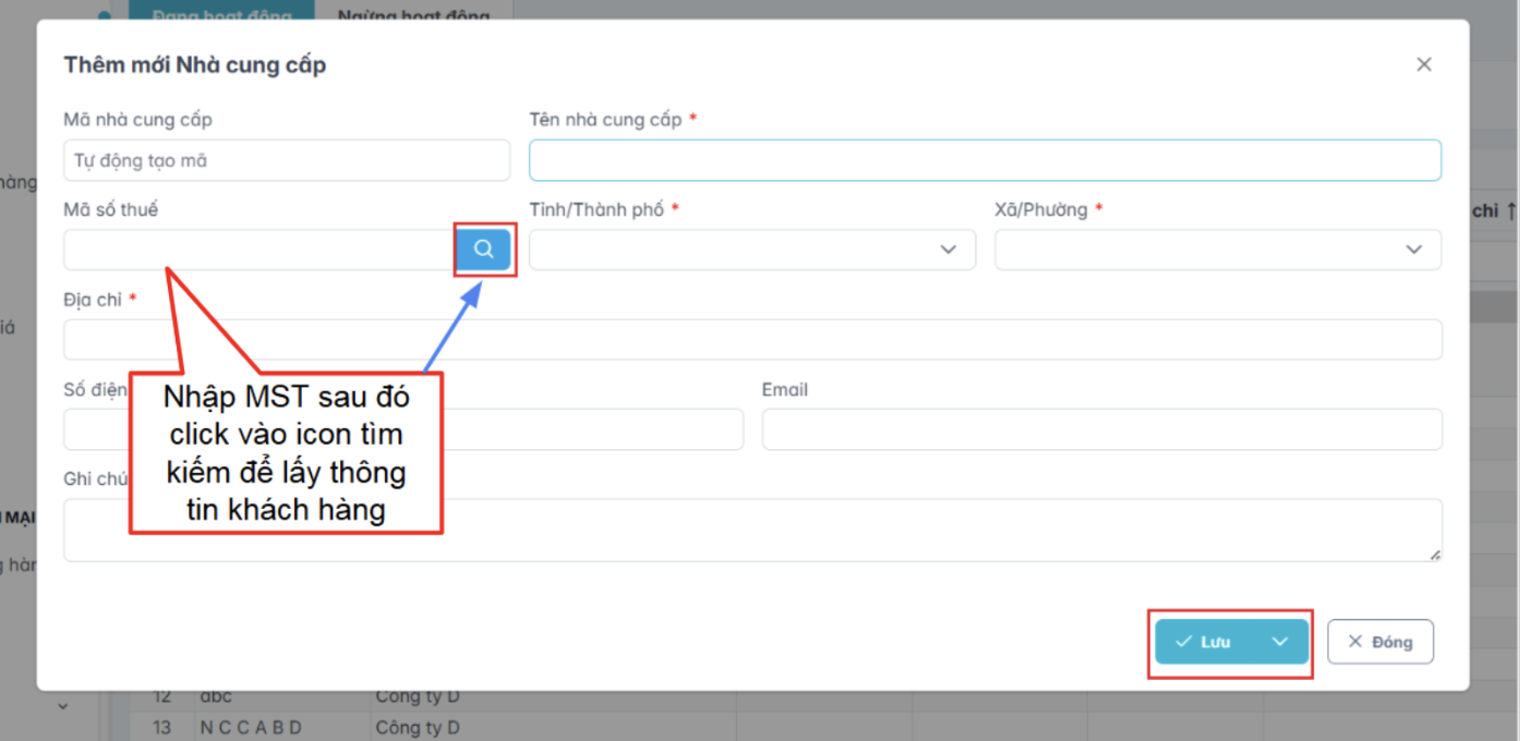 Màn hình nhập thông tin nhà cung cấp