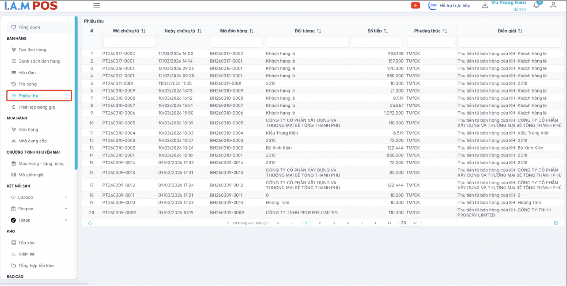 Màn hình danh sách phiếu thu