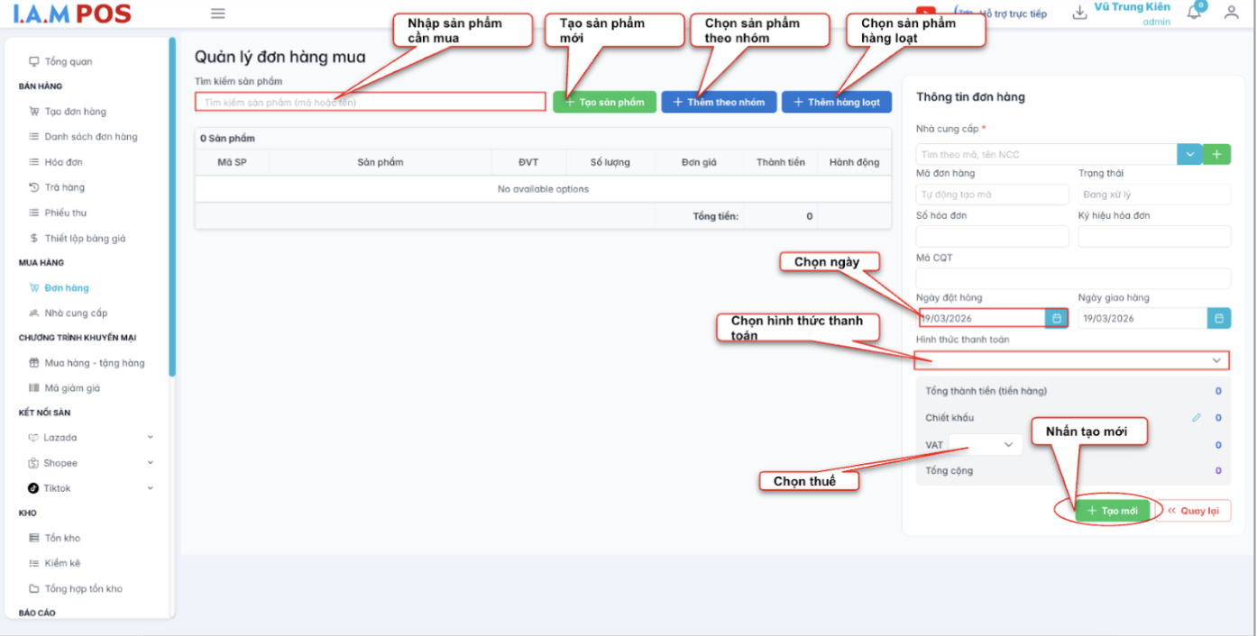 Màn hình quản lý đơn hàng mua