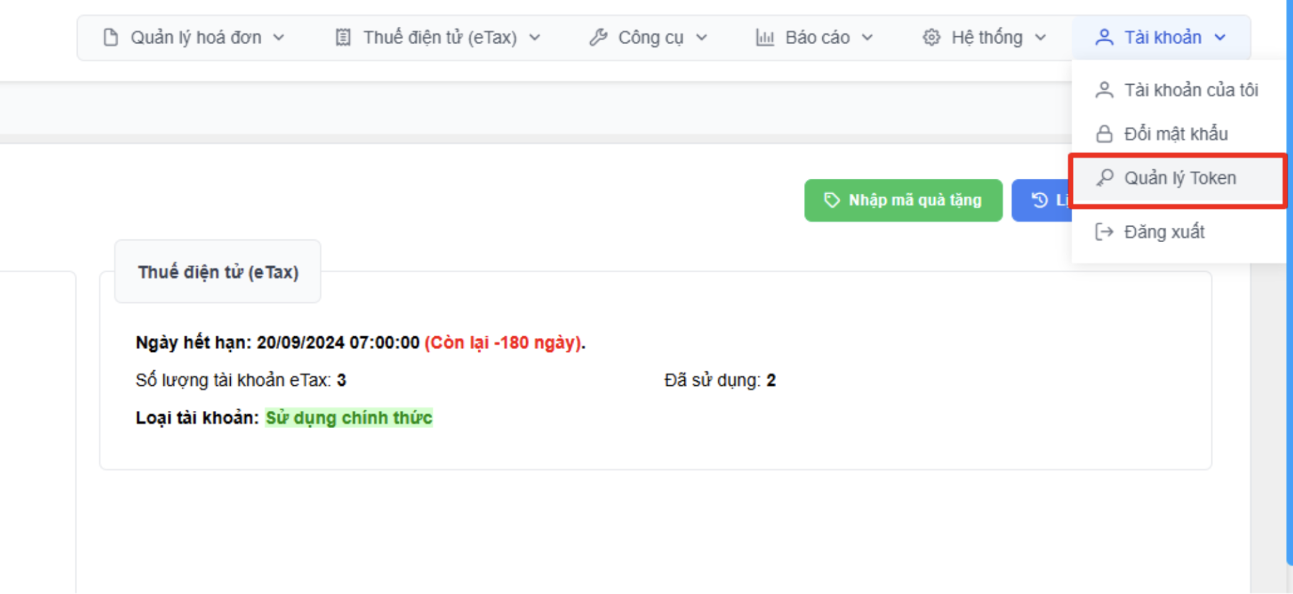 Màn hình quản lý Token