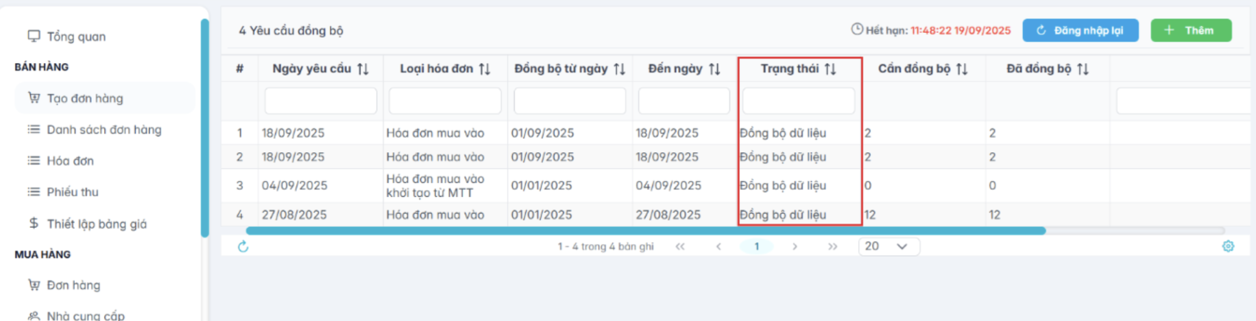Màn hình trạng thái đồng bộ dữ liệu