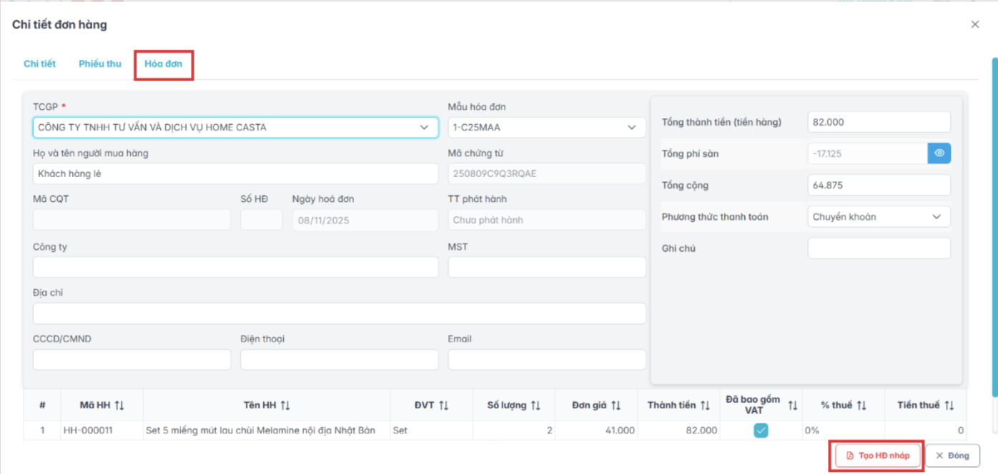 Màn hình tạo hoá đơn nháp