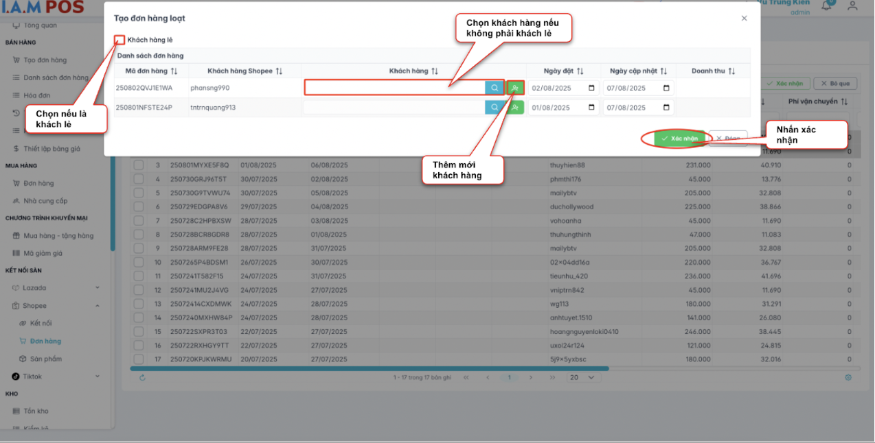 Màn hình thao tác tạo đơn hàng hàng loạt