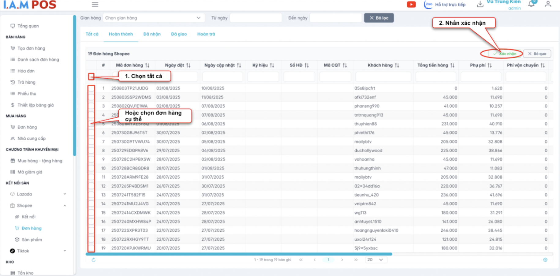 Màn hình thao tác chọn đơn hàng tạo hàng loạt