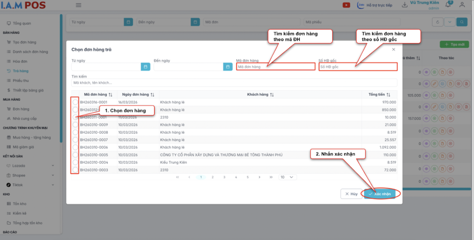 Màn hình thao tác tạo phiếu trả hàng