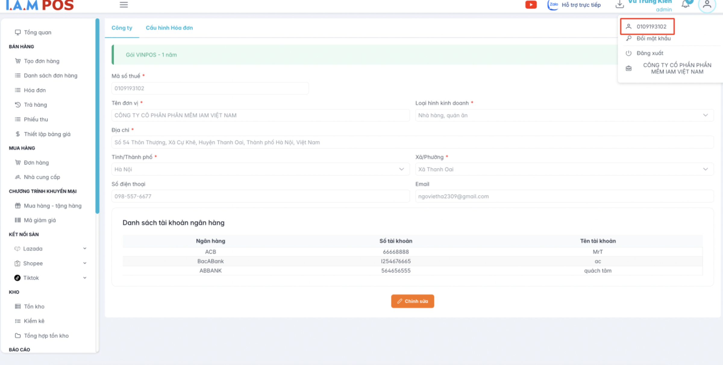 Màn hình thông tin tổ chức