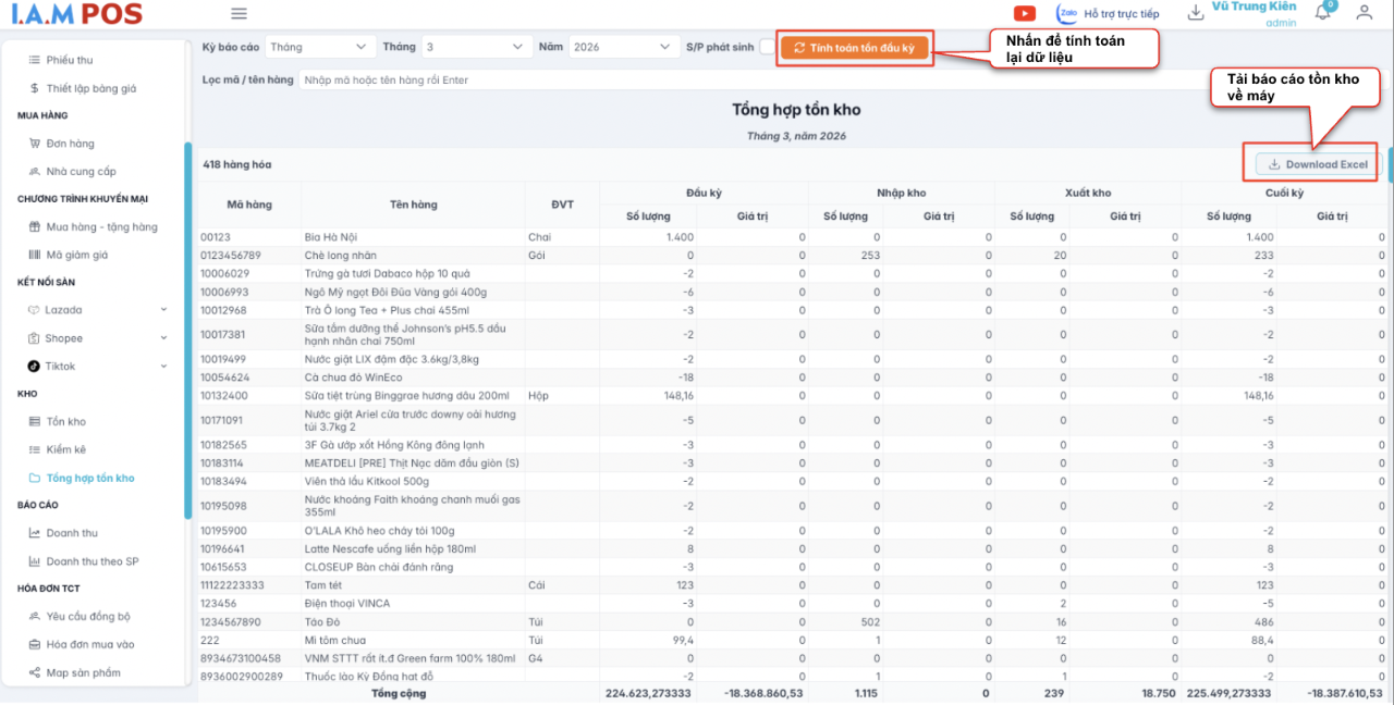Màn hình tổng hợp tồn kho