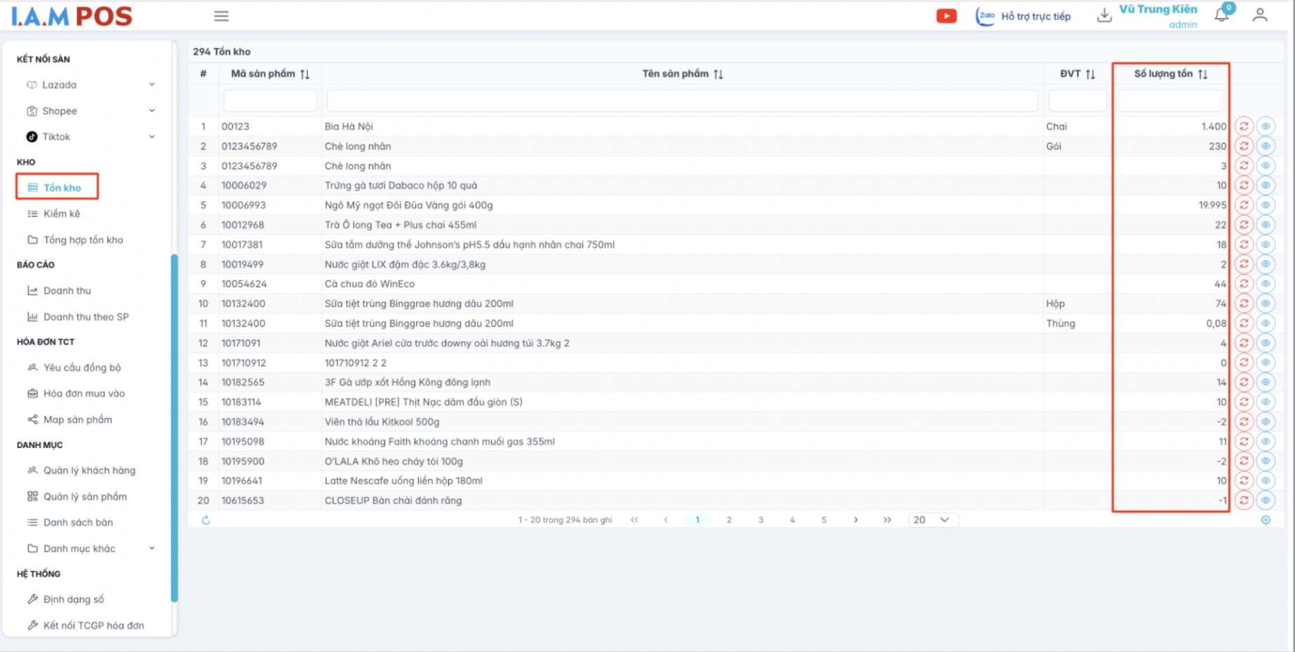 Màn hình danh sách tồn kho sản phẩm