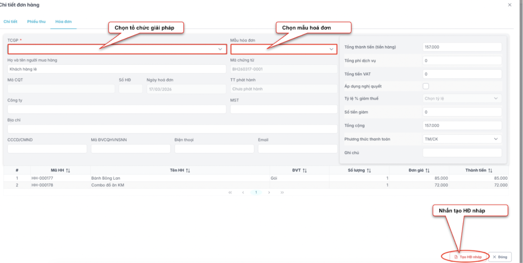 Màn hình thao tác nhập thông tin hoá đơn
