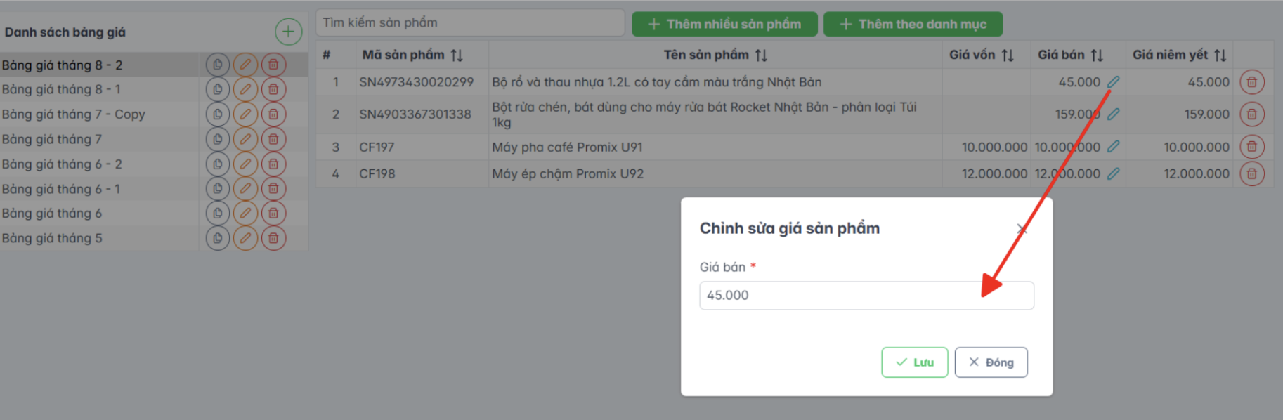 Màn hình thao tác chỉnh sửa giá sản phẩm