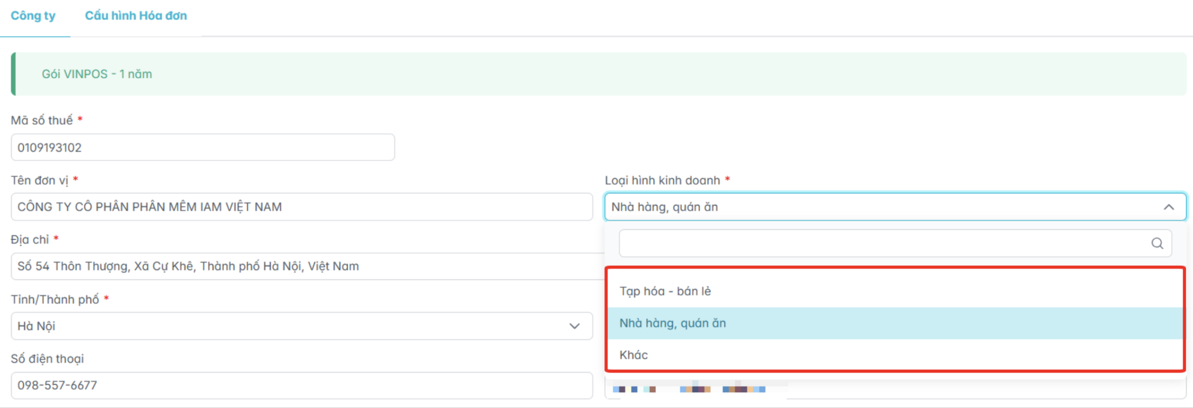 Màn hình cập nhật thông tin tổ chức