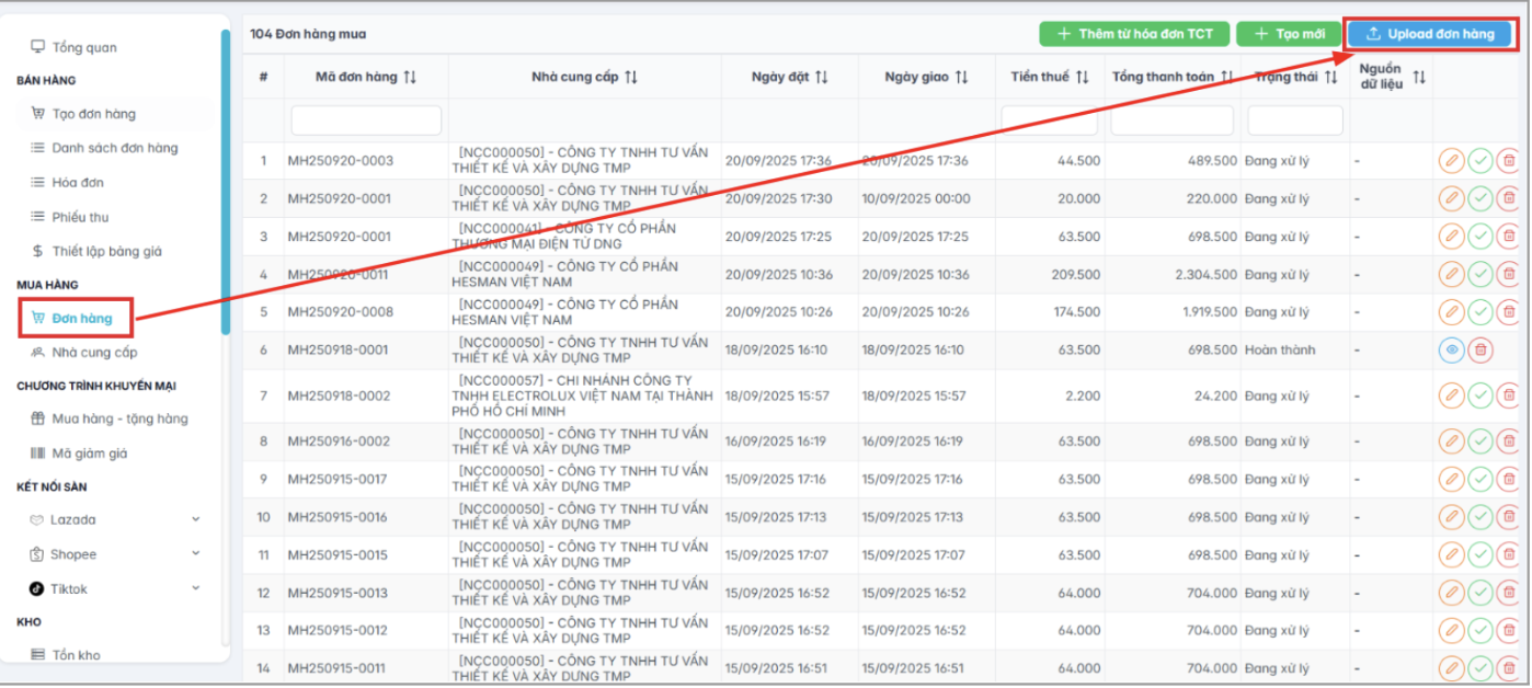 Màn hình thao tác upload đơn hàng từ file excel