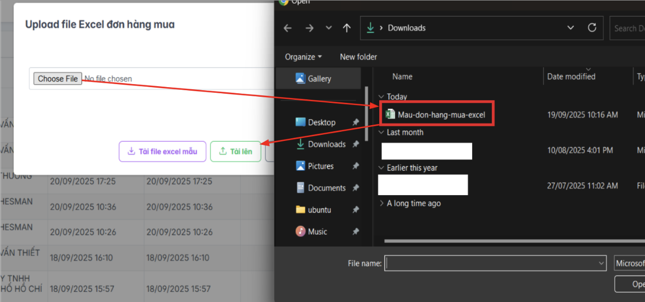 Màn hình thao tác tải file excel từ máy lên hệ thống