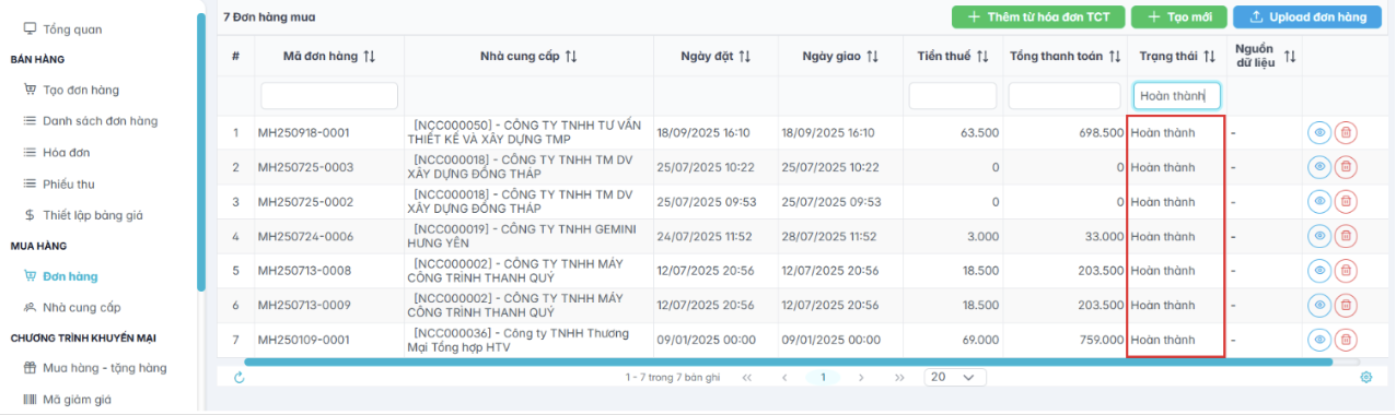 Màn hình sau khi xác nhận hoàn thành đơn hàng