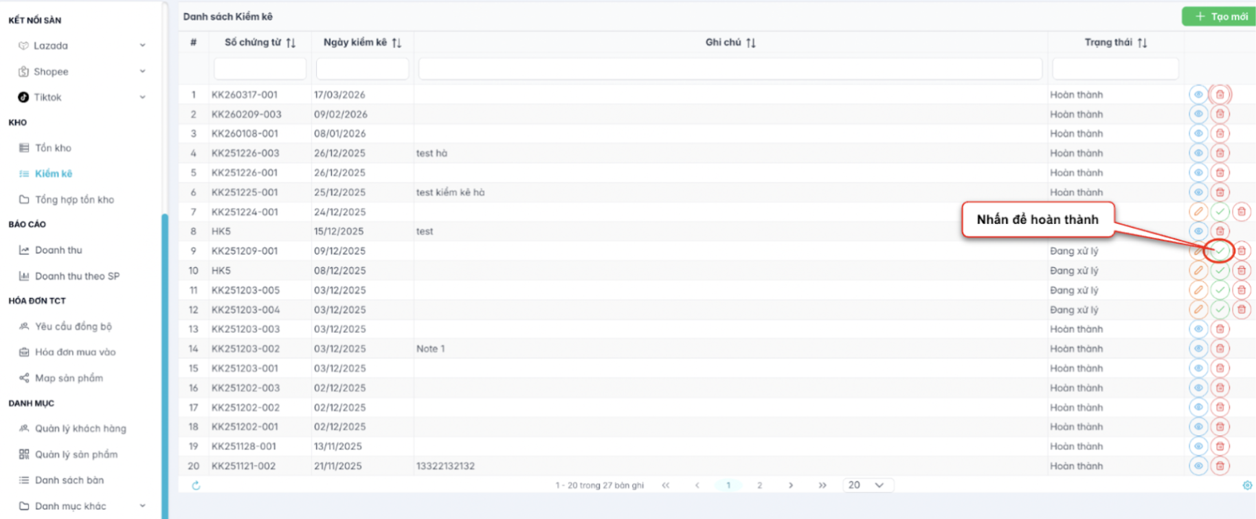 Màn hình xác nhận kiểm kê