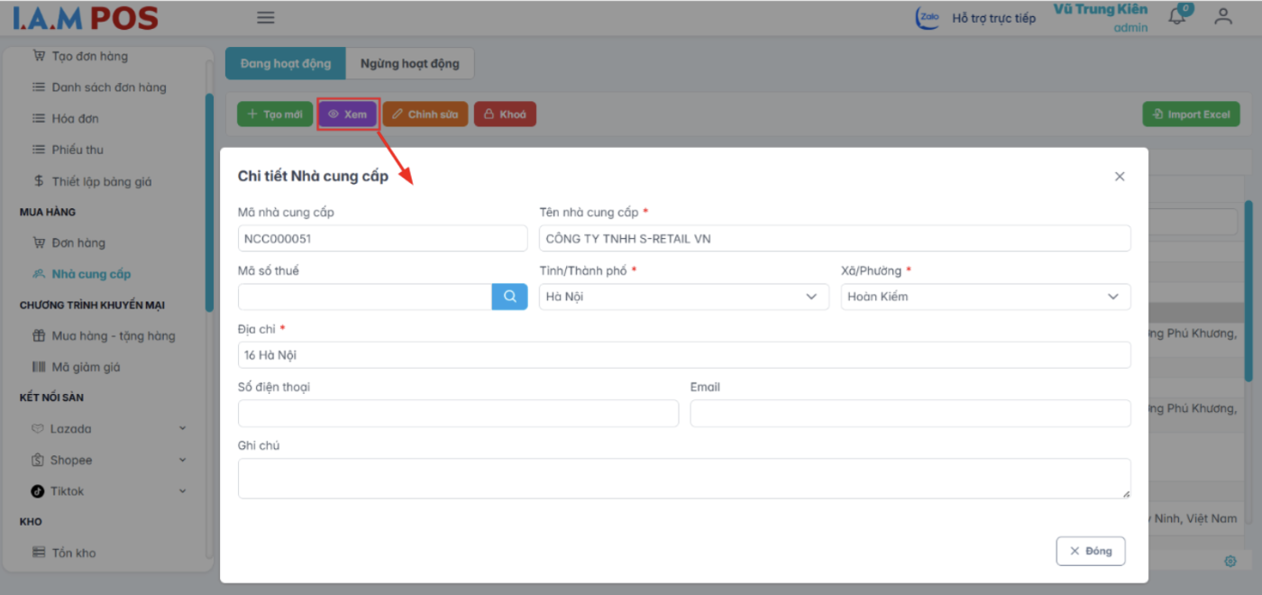 Màn hình chi tiết nhà cung cấp