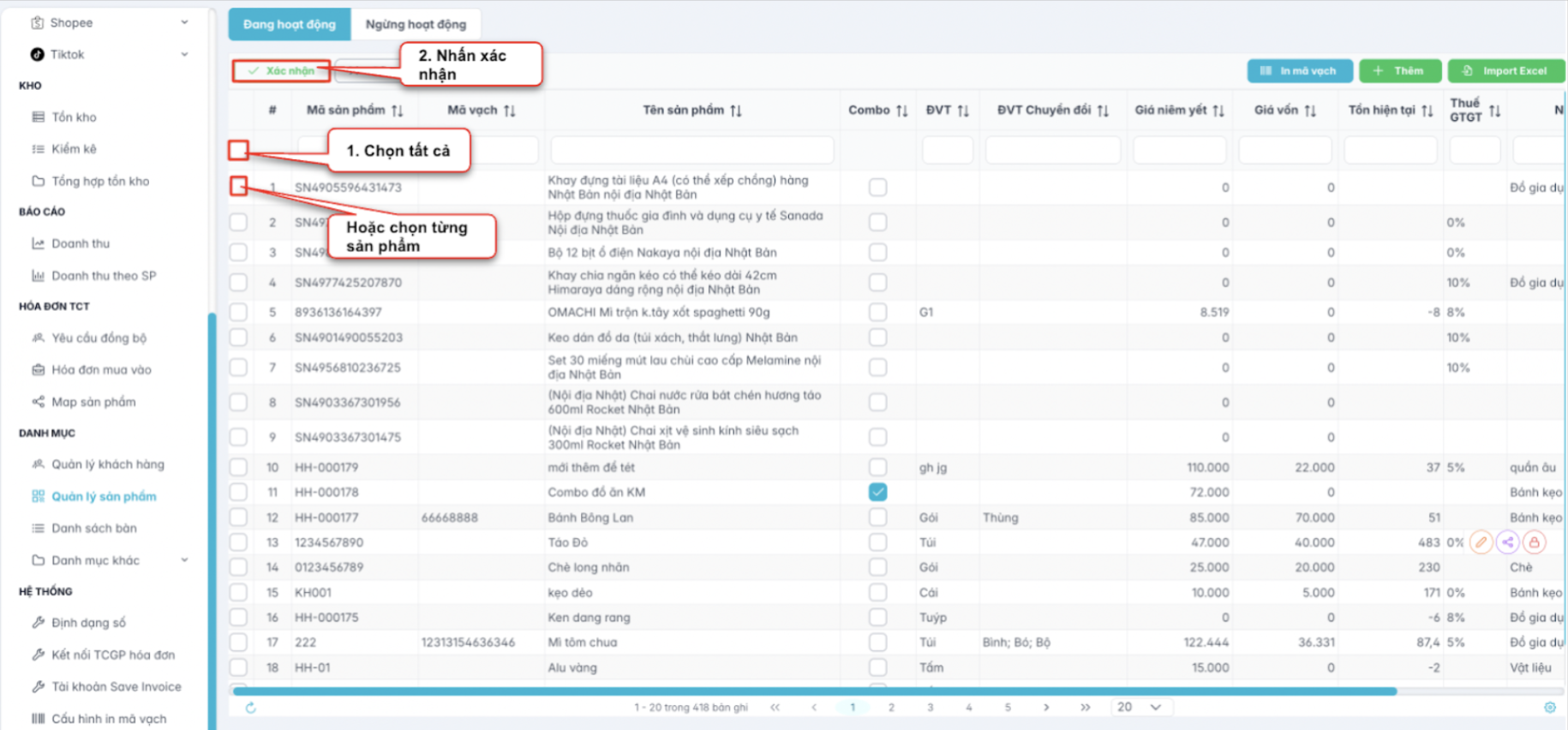 Màn hình xóa hàng loạt sản phẩm