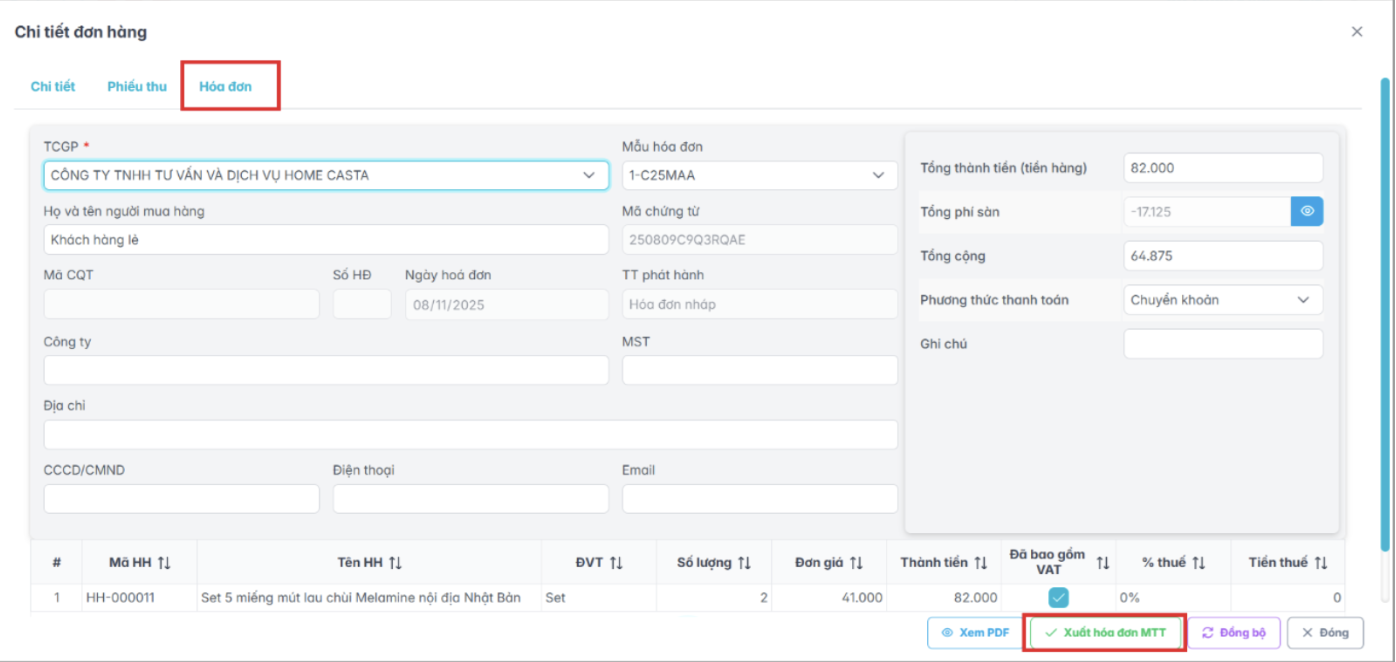 Màn hình xuất hoá đơn MTT