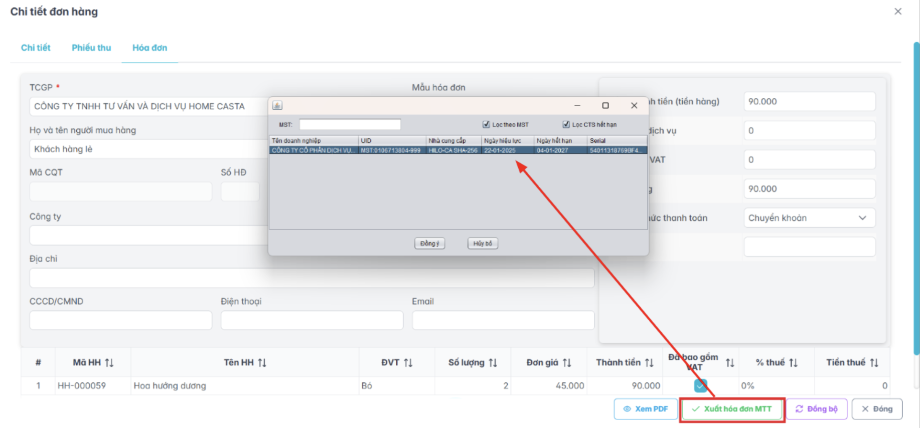 Màn hình xuất hoá đơn MTT