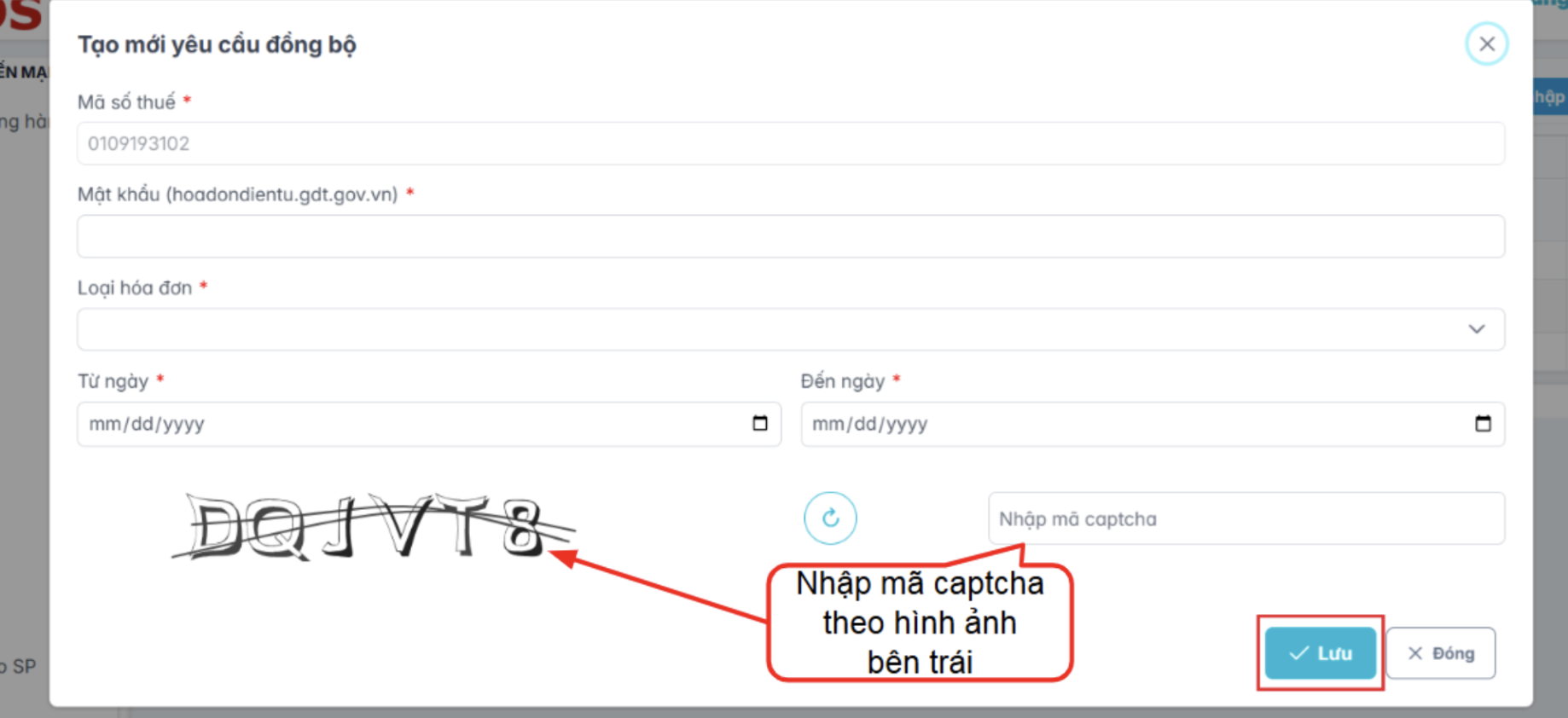 Màn hình tạo yêu cầu đồng bộ