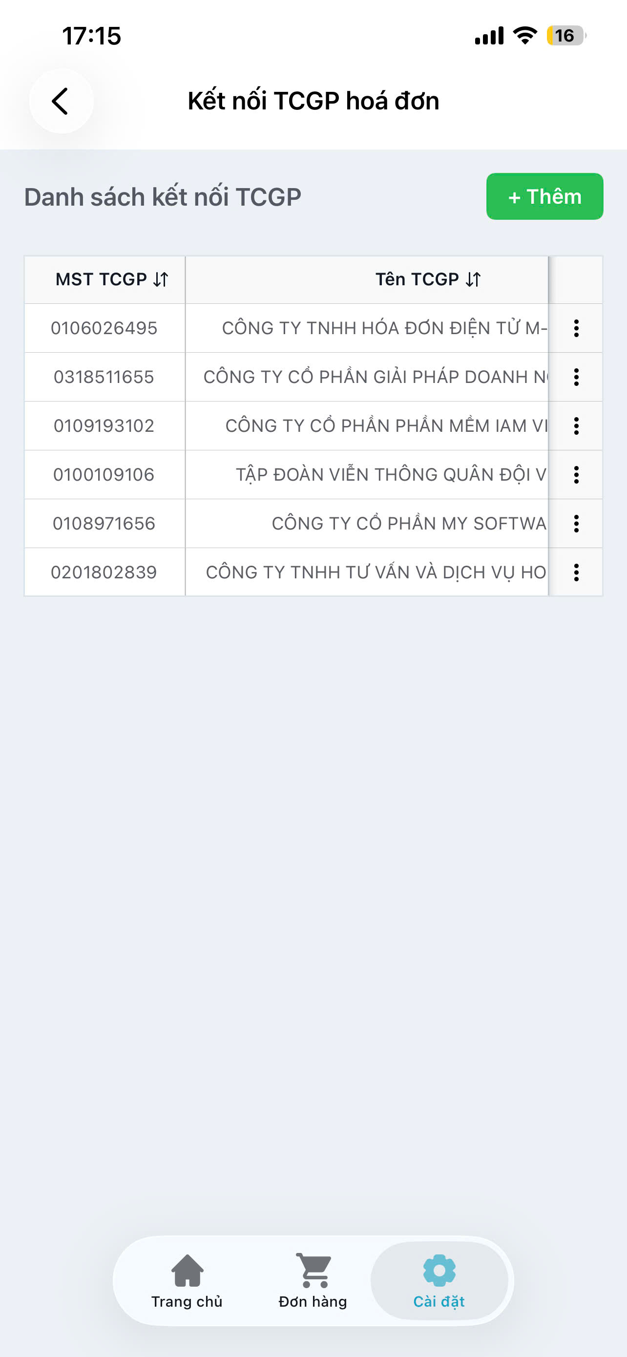 Màn hình danh sách kết nối TCGP