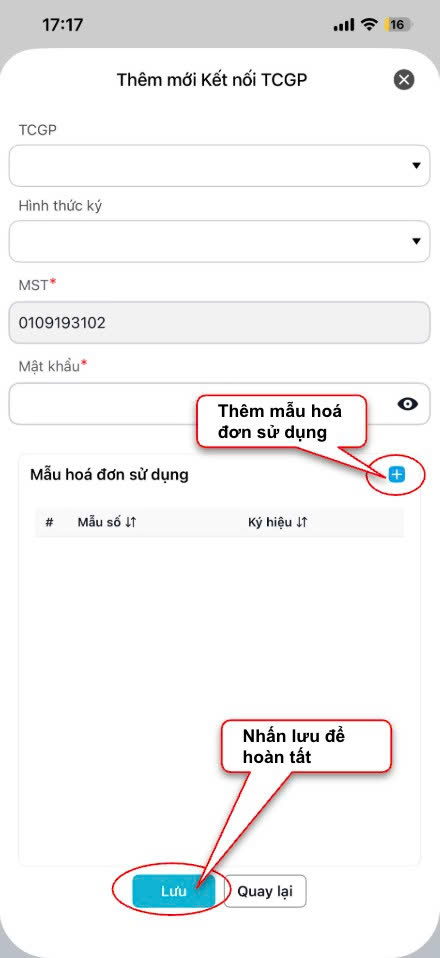 Màn hình thao tác thêm mới kết nối TCGP