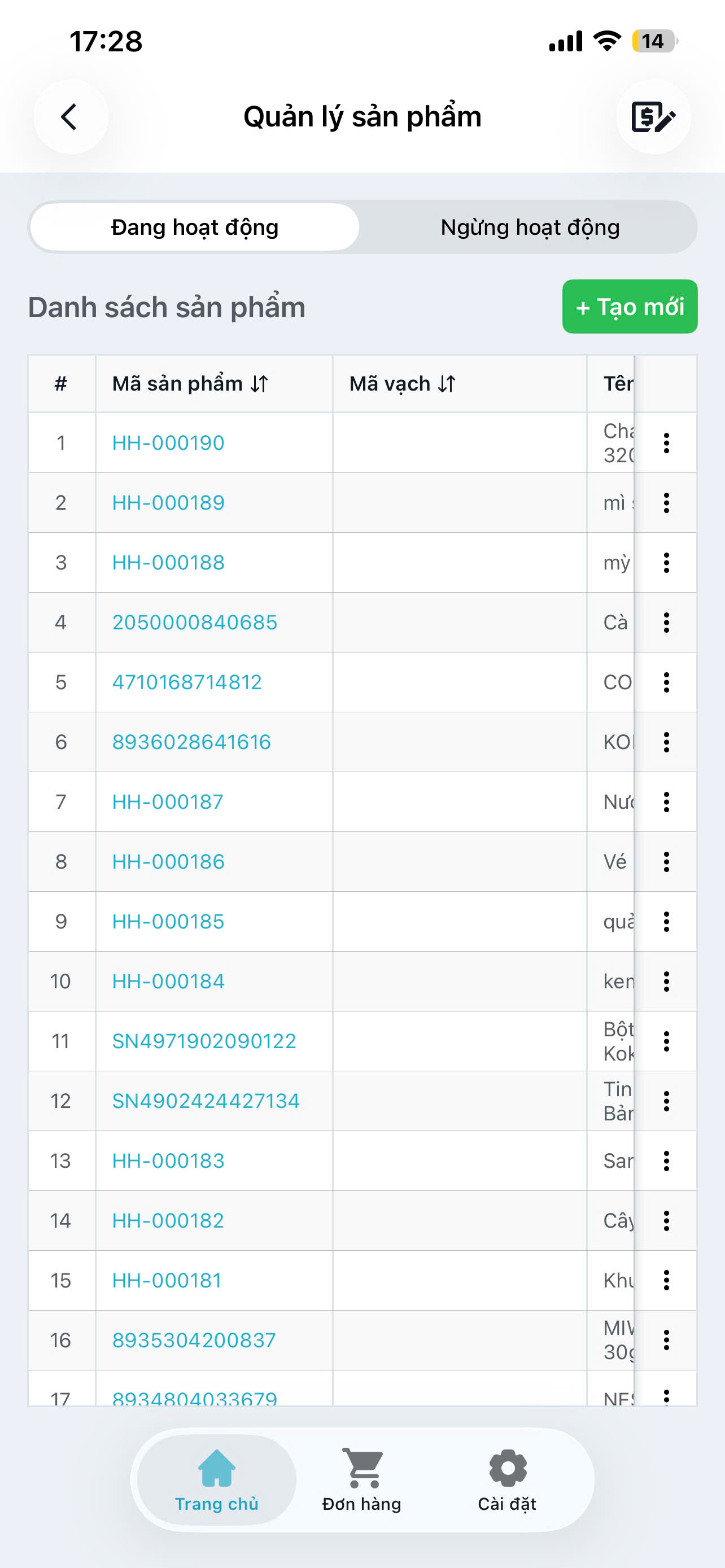 Màn hình danh sách sản phẩm